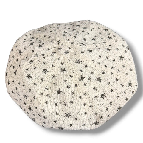 Oversized Newsboy Big Volume Hat in ivory textured knit with faded black stars, slouchy crown, and soft brim flat view
