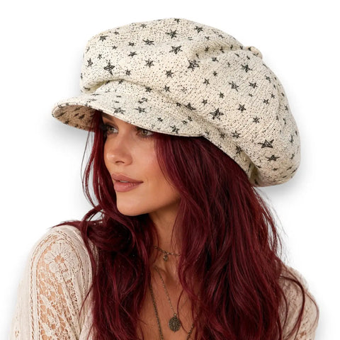 woman wearing Oversized Newsboy Big Volume Hat in ivory textured knit with faded black stars, slouchy crown, and soft brim