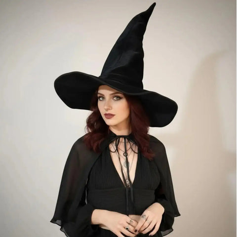 Oversized Tall Wide Wicked Witch Hat in black or green velvet with adjustable extra tall crown wide brim