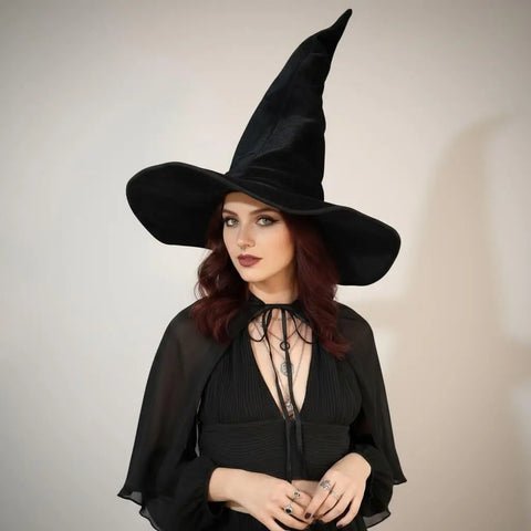 Oversized Tall Wide Wicked Witch Hat in black or green velvet with adjustable extra tall crown wide brim