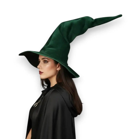 Oversized Tall Wide Wicked Witch Hat in black or green velvet with adjustable extra tall crown wide brim