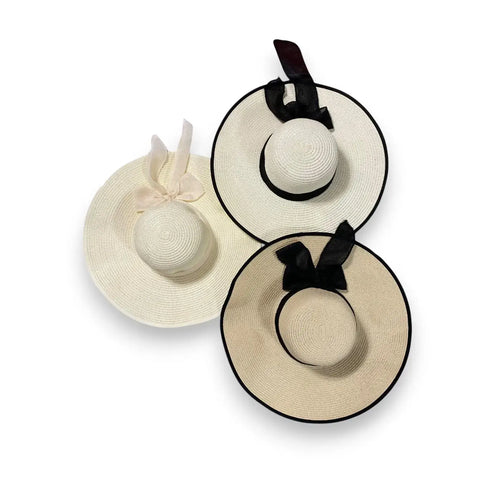 Oversized Wide Linen Bow Straw Hat  collection featuring wide brim designs with bows in black and  beige 