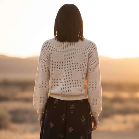 Beige Long Sleeve Crochet Cardigan Sweater back view woman wearing outside