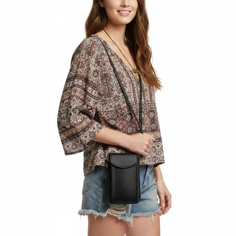 woman carrying woman carrying Phone Wallet Mini Crossbody Bag with front phone pocket and adjustable strap black / women's/ one size
