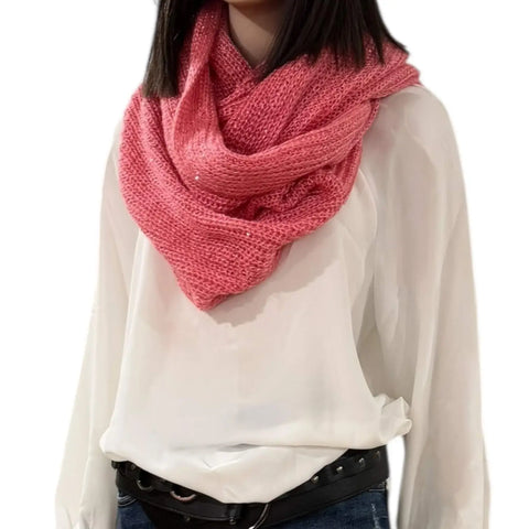 pink infinity knitted scarf with sequins wide loop winter neck wrap laid flat