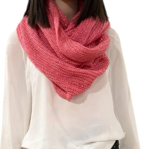 pink infinity knitted scarf with sequins wide loop winter neck wrap laid flat
