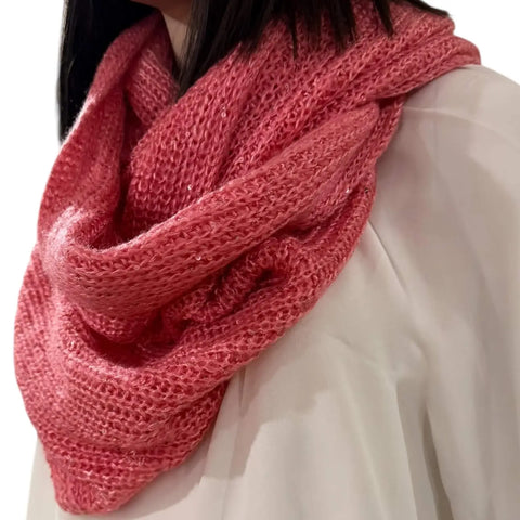 pink infinity knitted scarf with sequins wide loop winter neck wrap laid flat