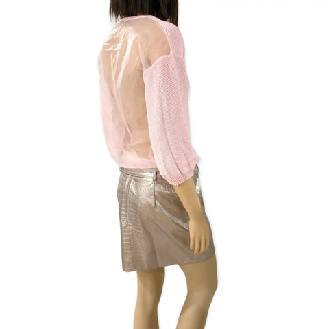 Pink knit mesh back panel top featuring a sheer see-through back, cotton knit front, round neckline, and 3/4 sleeves. Lightweight pullover for spring and summer fashion.
