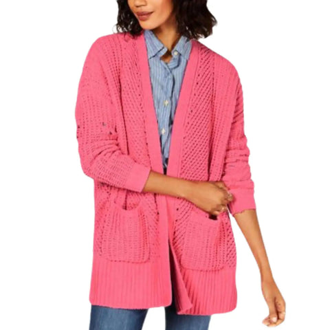 Pink open front mid-length knit cardigan with plush chenille, front pockets, and relaxed fit. Bold berry layer for cold-weather and early spring outfits.