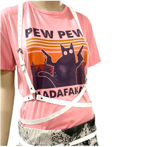Pink PEW PEW Graphic Tee displayed on a mannequin wearing stylish white straps.
