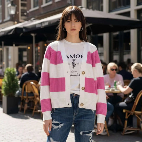 pink white striped boyfriend knitted cardigan cropped v neck button front y2k varsity style women’s sweater