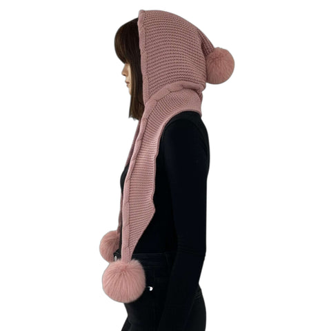Pom Pom Fur Knitted Hooded Scarf fleece lined beanie hood scarf combo with plush pom poms in brown black or pink winter neck warmer