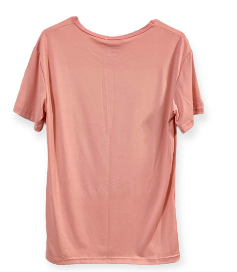 Back view of soft pink stretch graphic t-shirt