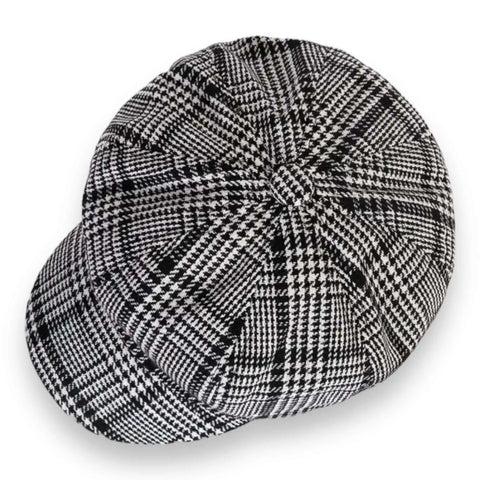 Plaid black and white newsboy hat with 8-panel button top crown and 2.25 inch curved stiff brim, women’s size 7 1/4 medium