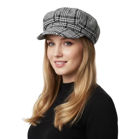 model wearing Plaid Black and White Newsboy Hat/ women's / one size