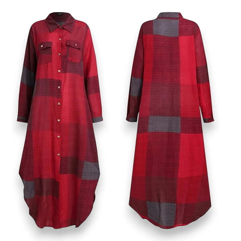 Checkered Long Sleeve Button Down Maxi Shirt Dress