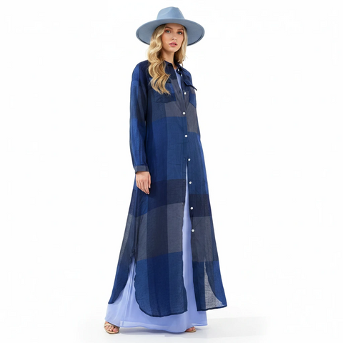 woman wearing blue Plaid Button Down Maxi Shirt Dress / XL