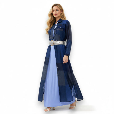 Woman wearing blue Plaid Button Down Maxi Shirt Dress /grunge streetwear style/ women's / XL