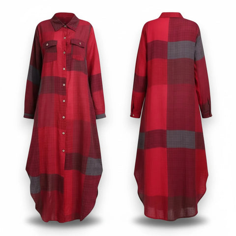 front and back of red Plaid Button Down Maxi Shirt Dress / women's / XL