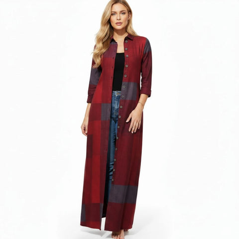 Woman wearing with outfit red Plaid Button Down Maxi Shirt Dress  grunge streetwear style /Red / women's / XL