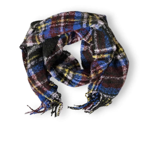 Plaid Tassel Trim Long Winter Scarf with multicolor plaid and fringe edges women's / one size