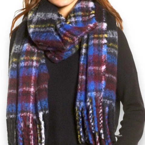 model wearings Plaid Tassel Trim Long Winter Scarf with multicolor plaid and fringe edges women's / one size