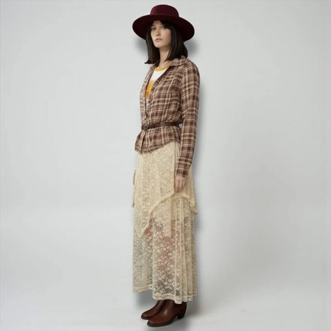woman wearing Plaid V Neck Fitted Button-Down Shirt -lace skirt, and burgundy hat white background