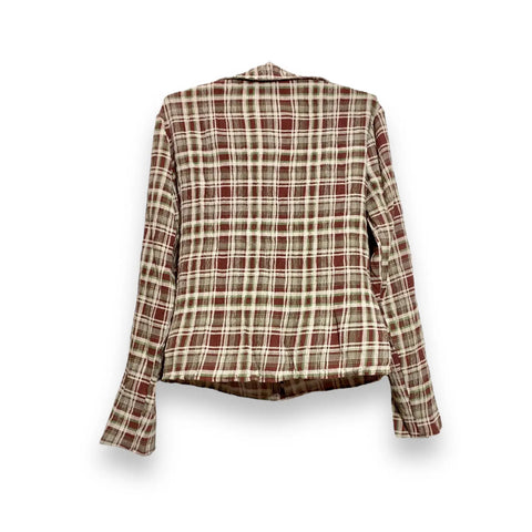 back side close up Plaid V Neck Fitted Button-Down Shirt 