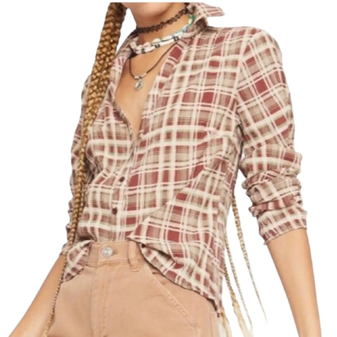 woman wearing Plaid V Neck Fitted Button-Down Shirt close-up of plunging neck darted fitted textured top