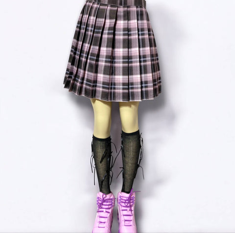  High waisted purple plaid pleated skirt with bow tie accessory – Y2K, punk, and schoolcore style.