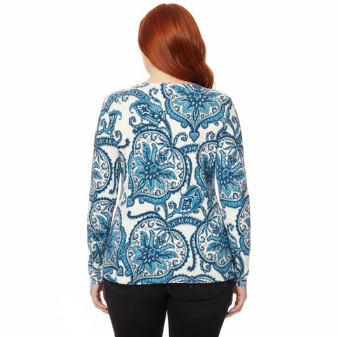 Woman back view Plus Blue Paisley V Neck Long Sleeve Top cotton / boho/ white/blue / Women’s Tops / 5X
