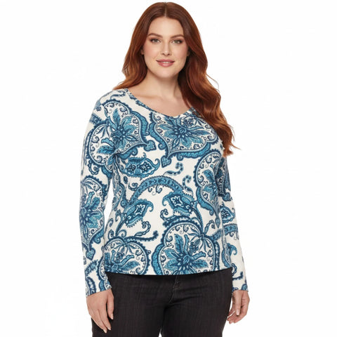 Woman wearing Plus Blue Paisley V Neck Long Sleeve Top cotton / boho/ white/blue / Women’s Tops / 5X