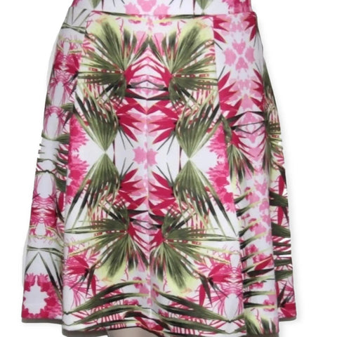 Plus Tropical Palm A-line Mini Skirt – white base with pink floral and green palm leaves