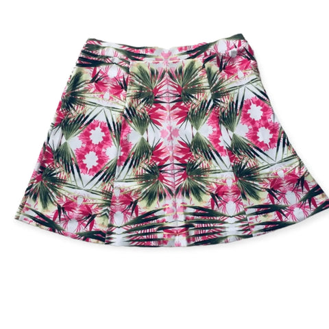 Plus Colorful Tropical A-line Mini Skirt with pink floral and palm leaf print
