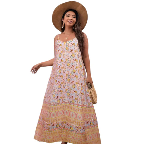 Plus floral summer cami maxi dress with V-neck, open back smocked panel, and adjustable thin straps in black and white, pink and white, or pink and orange prints, 1X to 3X