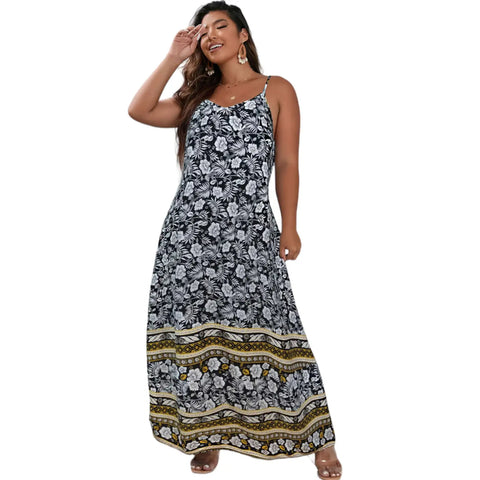 Plus floral summer cami maxi dress with V-neck, open back smocked panel, and adjustable thin straps in black and white, pink and white, or pink and orange prints, 1X to 3X
