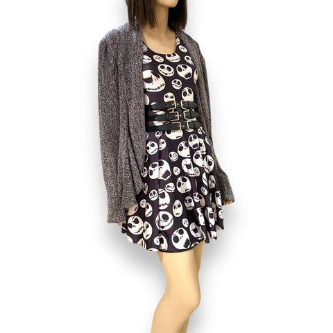 Plus metallic draped short cardigan in black and gray lurex shimmer with open front waterfall tiered ruffle peplum trim, long sleeves, women’s size 2X