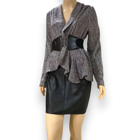 Plus metallic draped short cardigan in black and gray lurex shimmer with open front waterfall tiered ruffle peplum trim, long sleeves, women’s size 2X