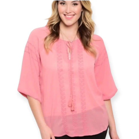 Plus Pink Short Sleeve Embroidery Peasant Blouse with embroidered front and tassel tie round neckline in women's plus size 1 or 3X 
