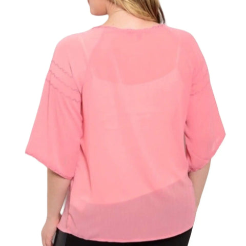 Plus Pink Short Sleeve Embroidery Peasant Blouse with embroidered front and tassel tie round neckline in women's plus size 1 or 3X 