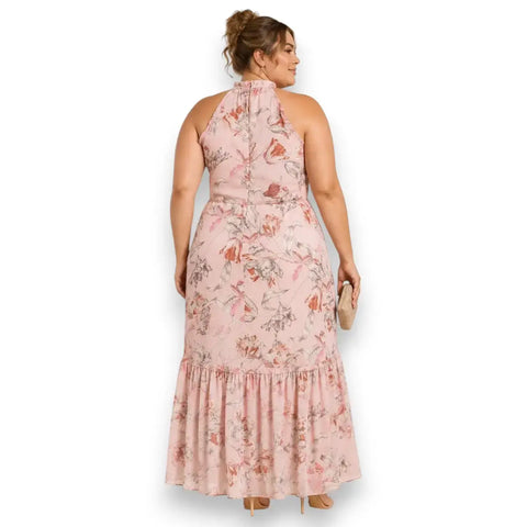 woman back side Plus Pink Sleeveless Floral Ruffle Midi Dress with frill mock neckline, waist tie, high-low tulip hem, and full lining