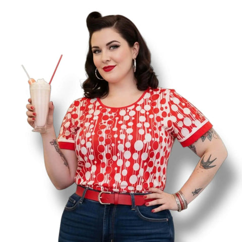 Rockabilly chic woman wearing Plus Retro Abstract Red & White Dot Blouse 2XL or 3XL