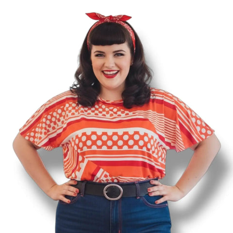 Plus Retro Red White Dots Striped Blouse fluttery sleeves for a rockabilly retro casual year round top 1XL or  2XL 
