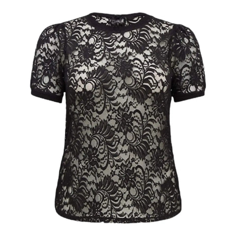 Plus Short Sleeve Sheer Black Floral Lace Top crew neck mesh 2X