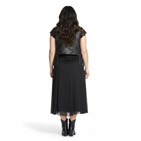 Plus size black chiffon midi skirt with layered A-line silhouette, elastic waist and flowing hem