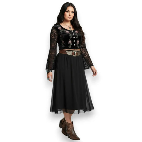 Plus size black chiffon midi skirt with layered A-line silhouette, elastic waist and flowing hem