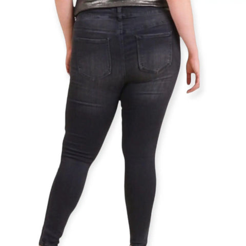 Plus Size Black Ripped Mid-Rise Skinny Jeans with stretch denim and five pocket design, zip-up button closure, sizes 16R and 18R with 28 inch inseam