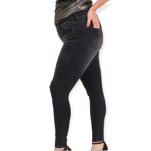Plus Size Black Ripped Mid-Rise Skinny Jeans with stretch denim and five pocket design, zip-up button closure, sizes 16R and 18R with 28 inch inseam