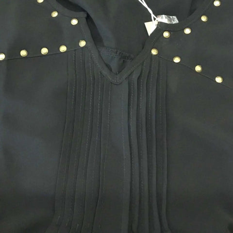 Plus Size Black Studded V-Neck Mesh Blouse  chiffon blouse with studded V neckline pleated front and cuffed short sleeves
