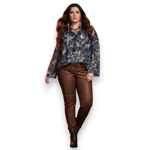 Blue floral and cream paisley A.N.A. blouse with frilled V-neckline, tassel ties and long sleeves